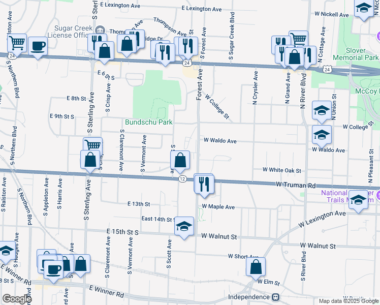 map of restaurants, bars, coffee shops, grocery stores, and more near 11610 East Truman Road in Independence