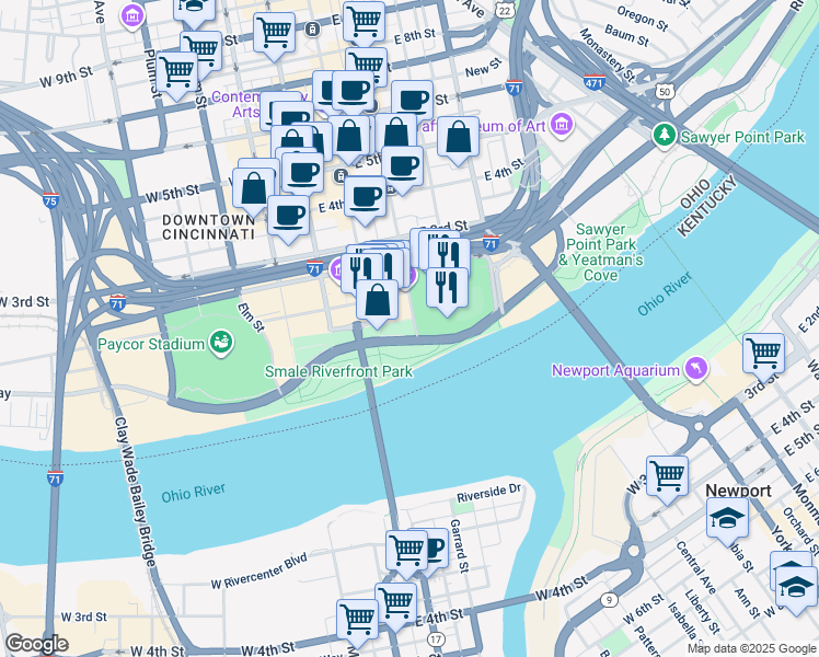 map of restaurants, bars, coffee shops, grocery stores, and more near 115 Joe Nuxhall Way in Cincinnati