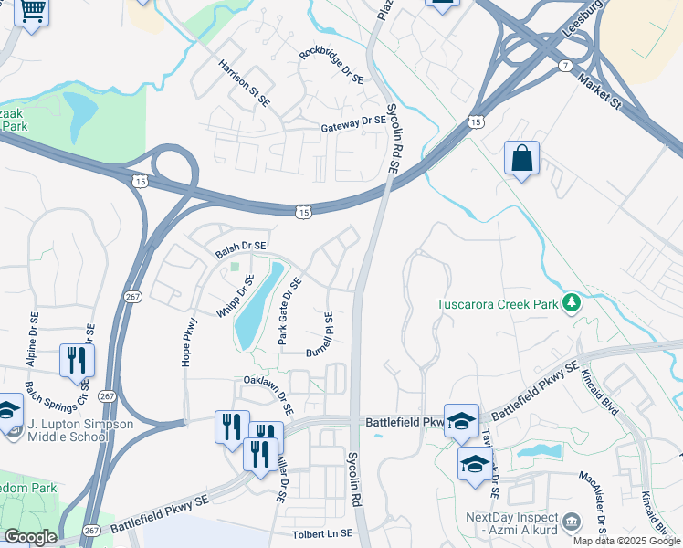 map of restaurants, bars, coffee shops, grocery stores, and more near 114 Shirley Square Southeast in Leesburg
