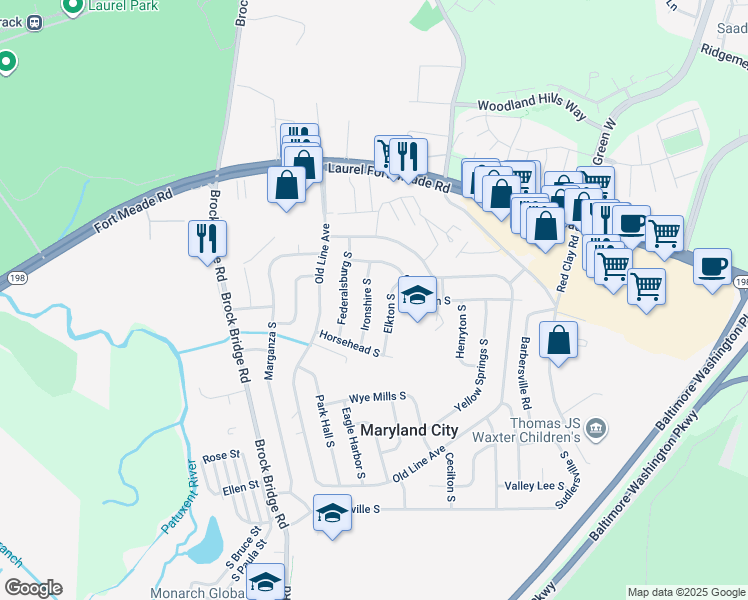 map of restaurants, bars, coffee shops, grocery stores, and more near 243 Ironshire South in Laurel