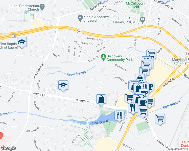 map of restaurants, bars, coffee shops, grocery stores, and more near 8146 Fenwick Court in Laurel
