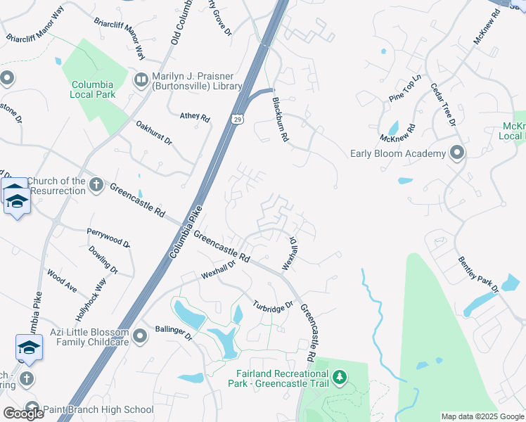 map of restaurants, bars, coffee shops, grocery stores, and more near 14742 Valiant Terrace in Burtonsville