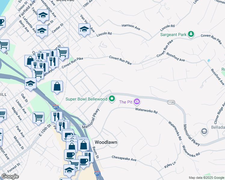 map of restaurants, bars, coffee shops, grocery stores, and more near 237 Memorial Parkway in Bellevue