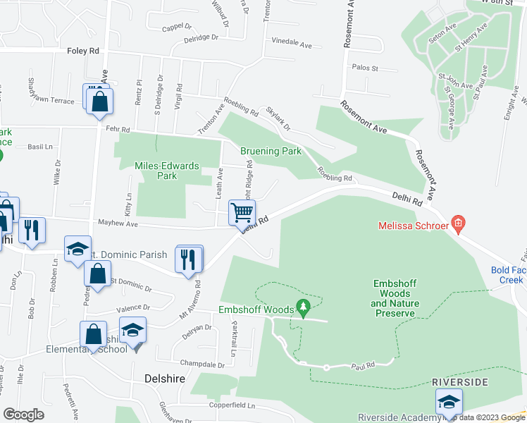map of restaurants, bars, coffee shops, grocery stores, and more near 4162 Delhi Pike in Cincinnati