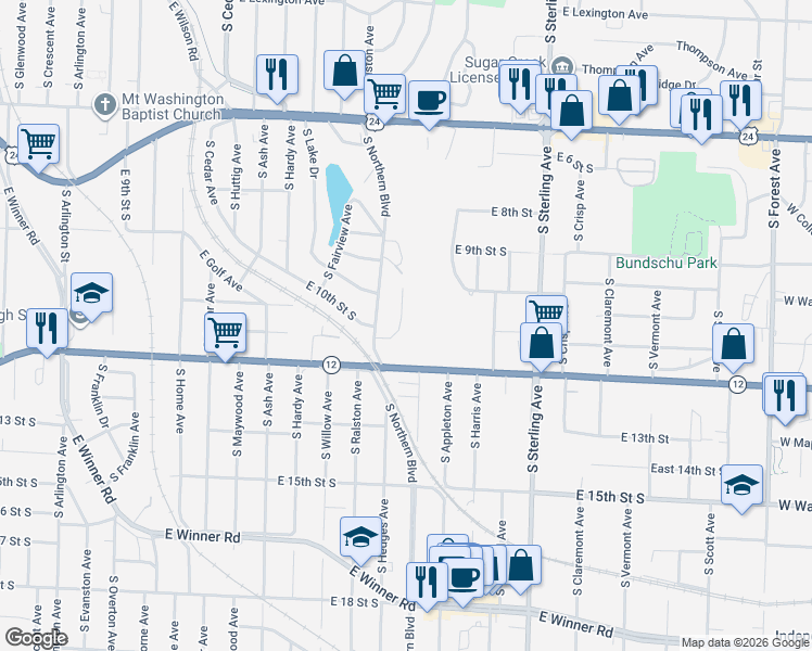 map of restaurants, bars, coffee shops, grocery stores, and more near 10740 East Truman Road in Independence