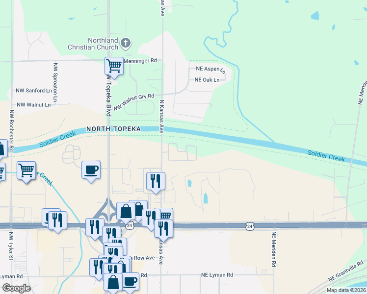 map of restaurants, bars, coffee shops, grocery stores, and more near 172 Coachlight Drive in Topeka