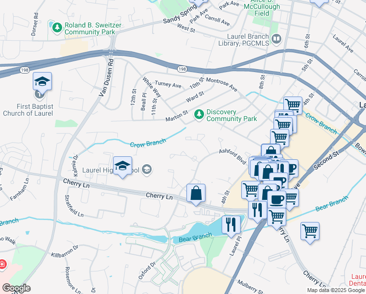 map of restaurants, bars, coffee shops, grocery stores, and more near 8146 Fenwick Court in Laurel