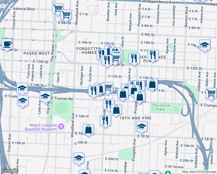 map of restaurants, bars, coffee shops, grocery stores, and more near 2204 East 14th Street in Kansas City