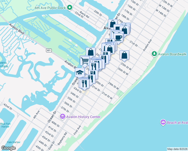 map of restaurants, bars, coffee shops, grocery stores, and more near 2900 Dune Drive in Avalon