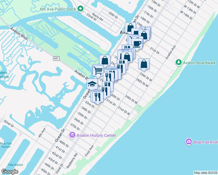 map of restaurants, bars, coffee shops, grocery stores, and more near 2900 Dune Drive in Avalon