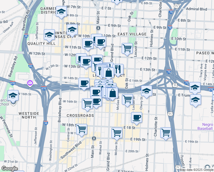 map of restaurants, bars, coffee shops, grocery stores, and more near 1444 Grand Boulevard in Kansas City