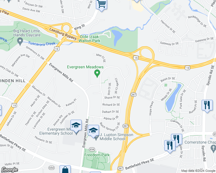 map of restaurants, bars, coffee shops, grocery stores, and more near 111 Roy Court Southeast in Leesburg