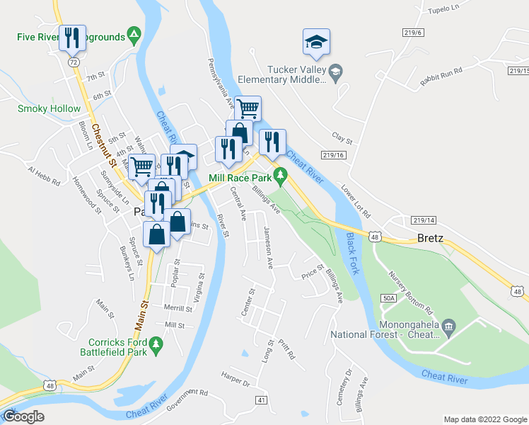 map of restaurants, bars, coffee shops, grocery stores, and more near 100 Jameson Avenue in Parsons