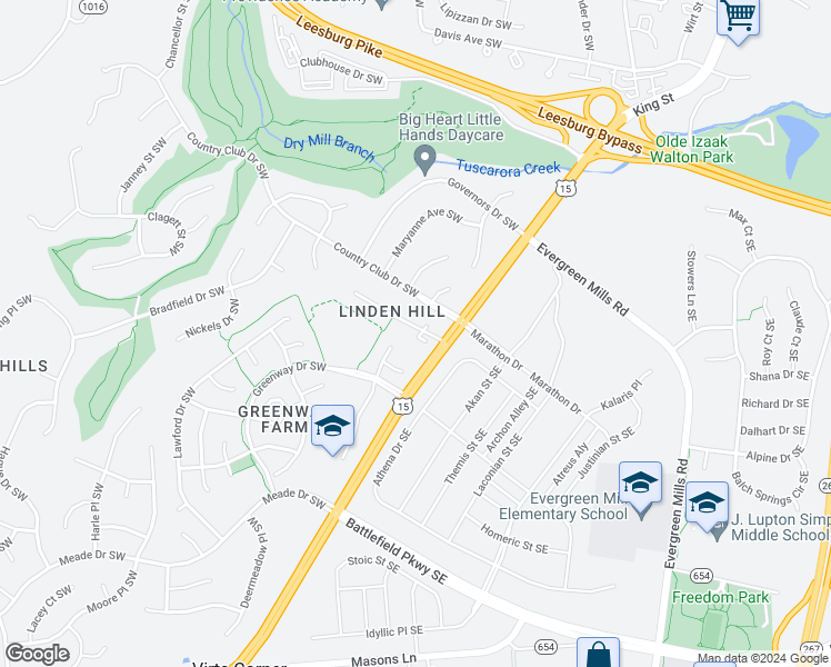 map of restaurants, bars, coffee shops, grocery stores, and more near 11 Linden Hill Way Southwest in Leesburg