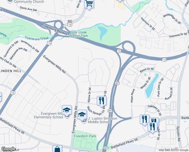 map of restaurants, bars, coffee shops, grocery stores, and more near 111 Roy Court Southeast in Leesburg