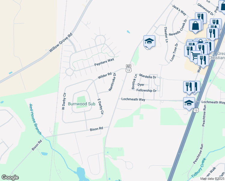 map of restaurants, bars, coffee shops, grocery stores, and more near 50 Nanticoke Drive in Dover