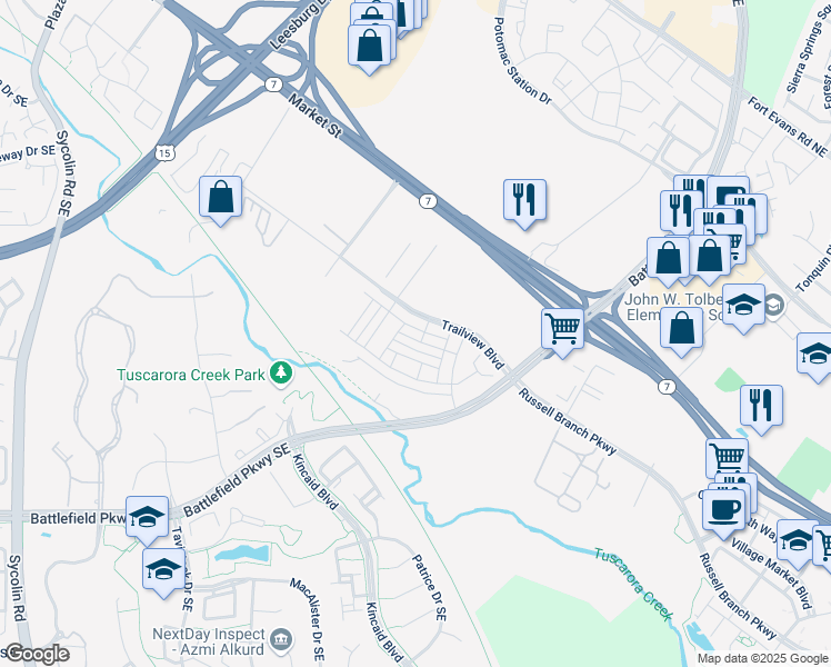 map of restaurants, bars, coffee shops, grocery stores, and more near 1020 Madeira Terrace Southeast in Leesburg