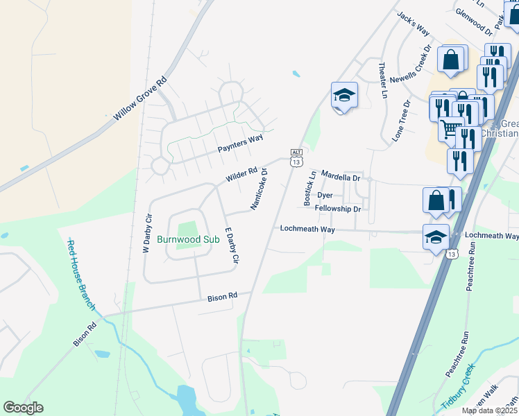 map of restaurants, bars, coffee shops, grocery stores, and more near 50 Nanticoke Drive in Dover