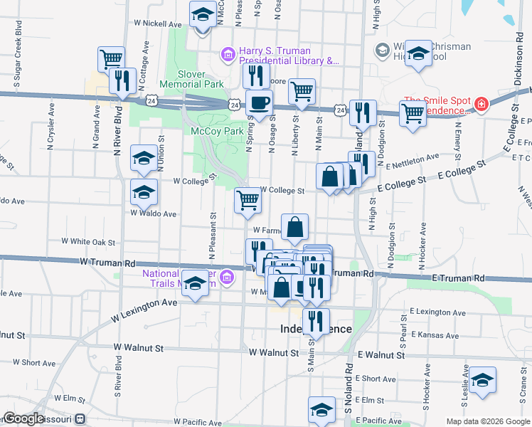 map of restaurants, bars, coffee shops, grocery stores, and more near 314 West Farmer Avenue in Independence