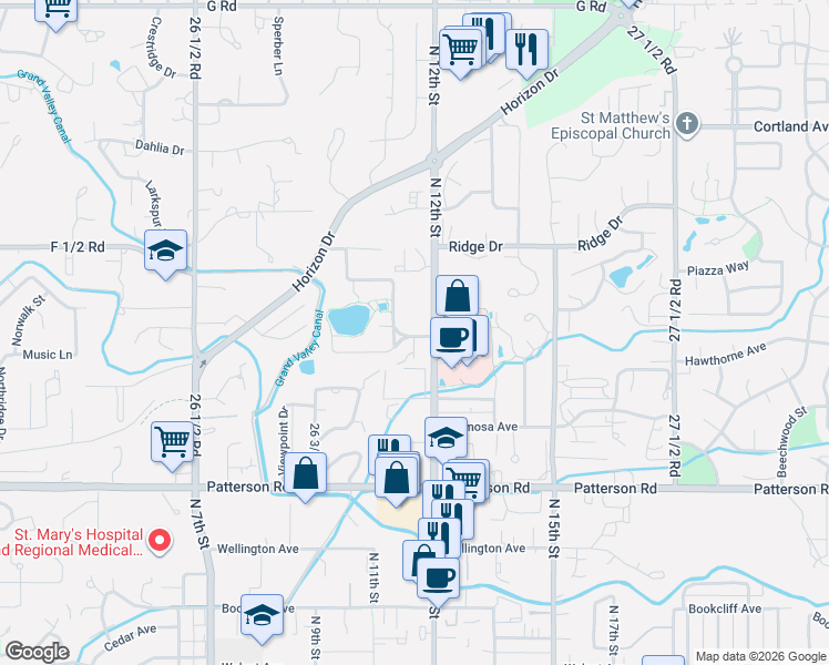 map of restaurants, bars, coffee shops, grocery stores, and more near 1155 Lakeside Drive in Grand Junction