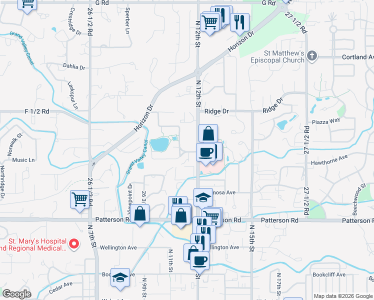 map of restaurants, bars, coffee shops, grocery stores, and more near 1155 Lakeside Drive in Grand Junction