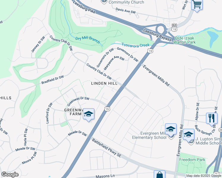 map of restaurants, bars, coffee shops, grocery stores, and more near 11 Linden Hill Way Southwest in Leesburg