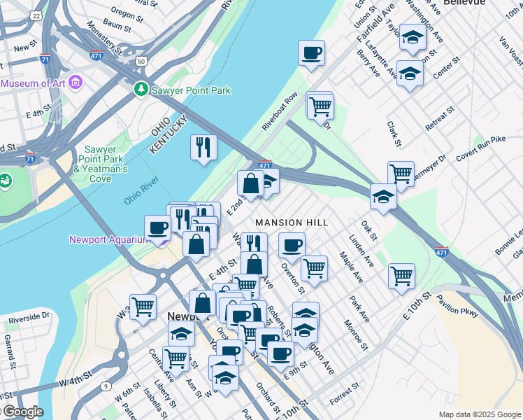map of restaurants, bars, coffee shops, grocery stores, and more near 306 Overton Street in Newport
