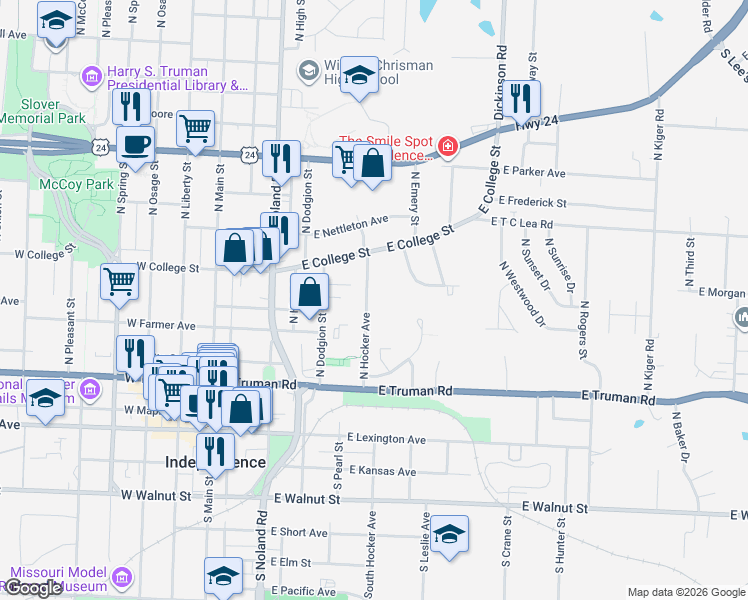 map of restaurants, bars, coffee shops, grocery stores, and more near 519 South Hocker Avenue in Independence