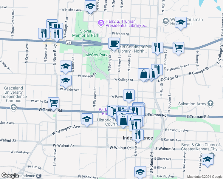 map of restaurants, bars, coffee shops, grocery stores, and more near 314 West Farmer Avenue in Independence