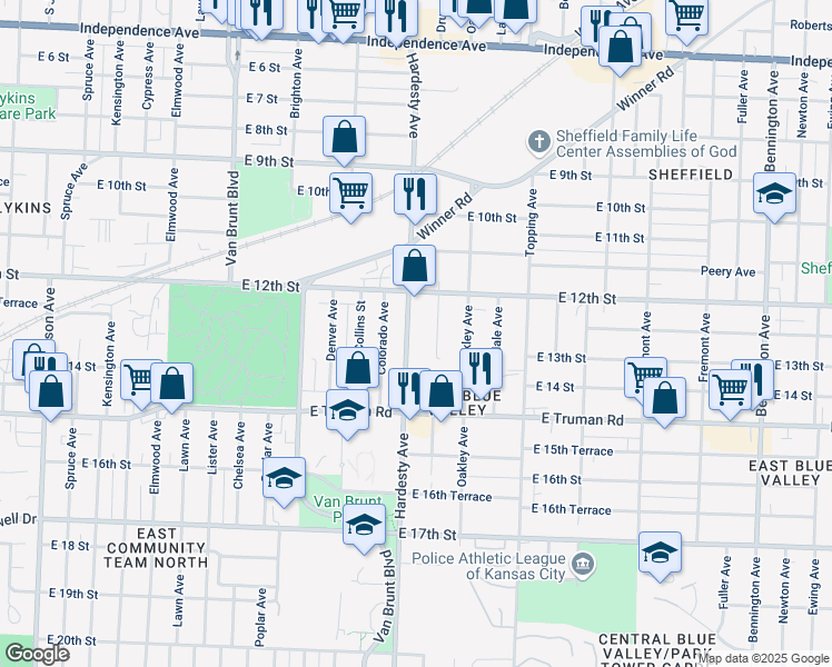 map of restaurants, bars, coffee shops, grocery stores, and more near 1246 Hardesty Avenue in Kansas City