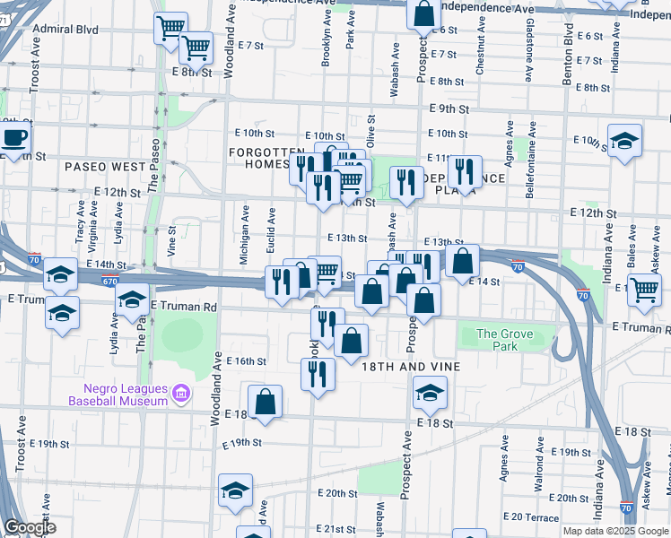 map of restaurants, bars, coffee shops, grocery stores, and more near 2204 East 14th Street in Kansas City
