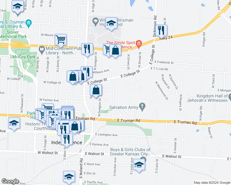 map of restaurants, bars, coffee shops, grocery stores, and more near 519 South Hocker Avenue in Independence