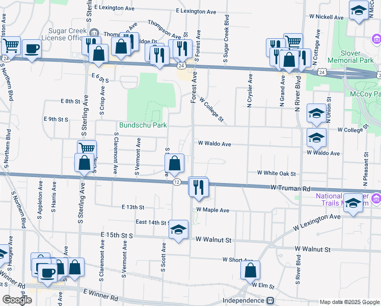 map of restaurants, bars, coffee shops, grocery stores, and more near 11610 East Truman Road in Independence