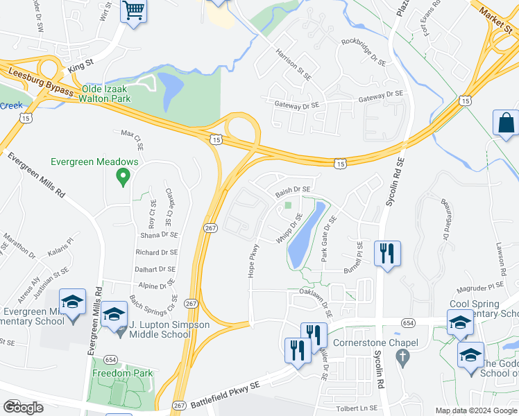 map of restaurants, bars, coffee shops, grocery stores, and more near 502 Sunset View Terrace Southeast in Leesburg