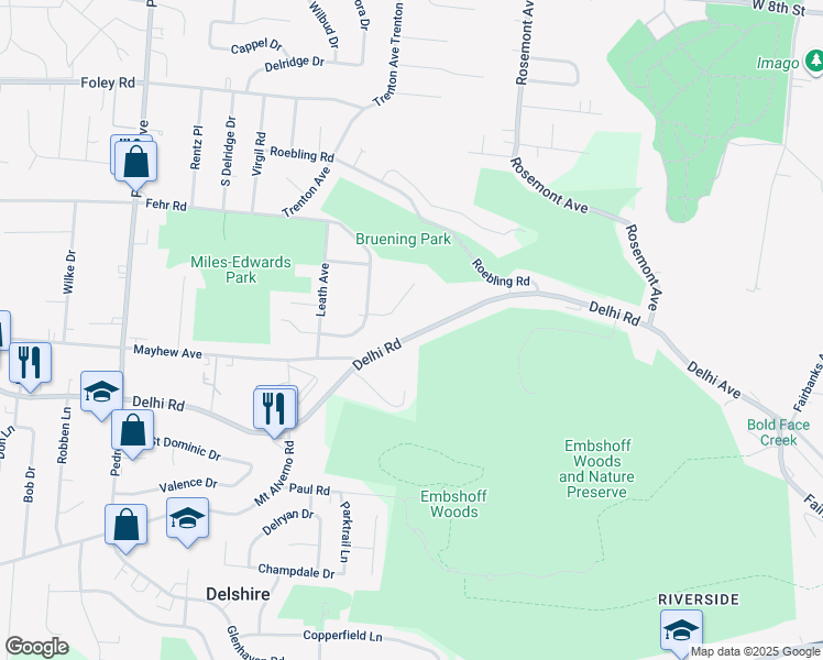 map of restaurants, bars, coffee shops, grocery stores, and more near 4130 Delhi Avenue in Cincinnati