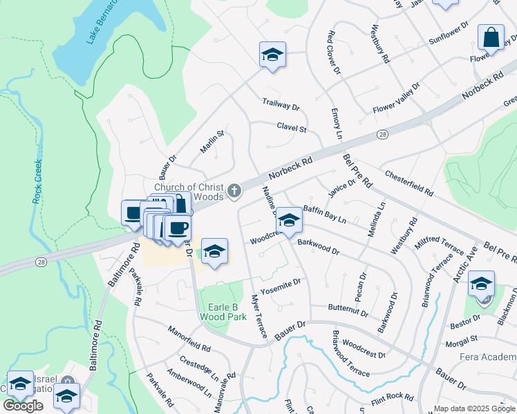 map of restaurants, bars, coffee shops, grocery stores, and more near 14619 Myer Terrace in Rockville