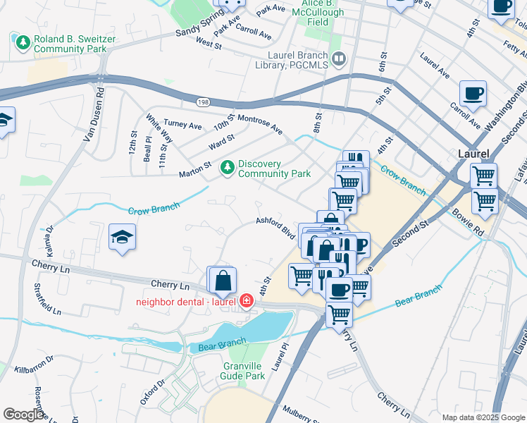 map of restaurants, bars, coffee shops, grocery stores, and more near 15009 Courtland Place in Laurel
