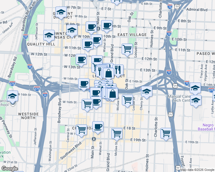 map of restaurants, bars, coffee shops, grocery stores, and more near 1444 Grand Boulevard in Kansas City
