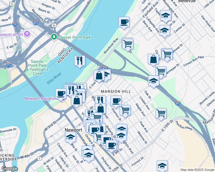 map of restaurants, bars, coffee shops, grocery stores, and more near 328 Park Avenue in Newport