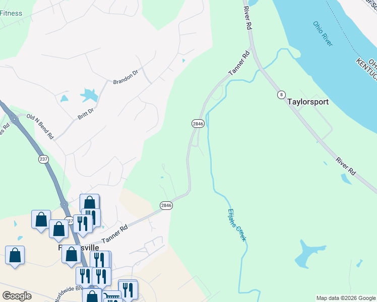 map of restaurants, bars, coffee shops, grocery stores, and more near Kentucky 2846 in Francisville