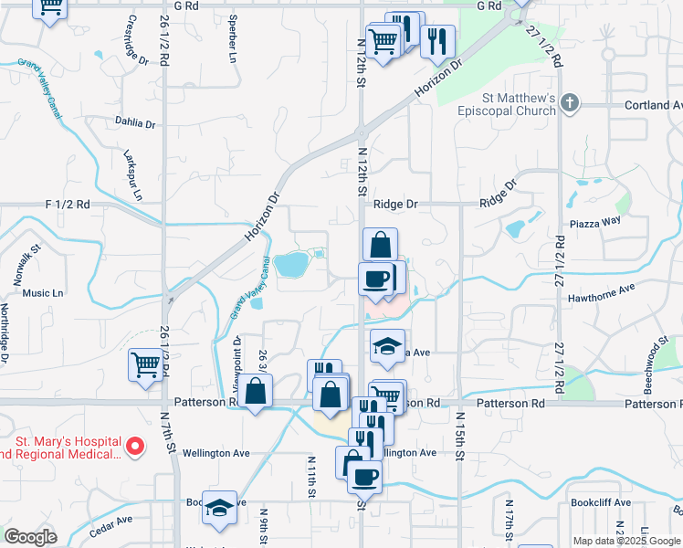 map of restaurants, bars, coffee shops, grocery stores, and more near 1155 Lakeside Drive in Grand Junction