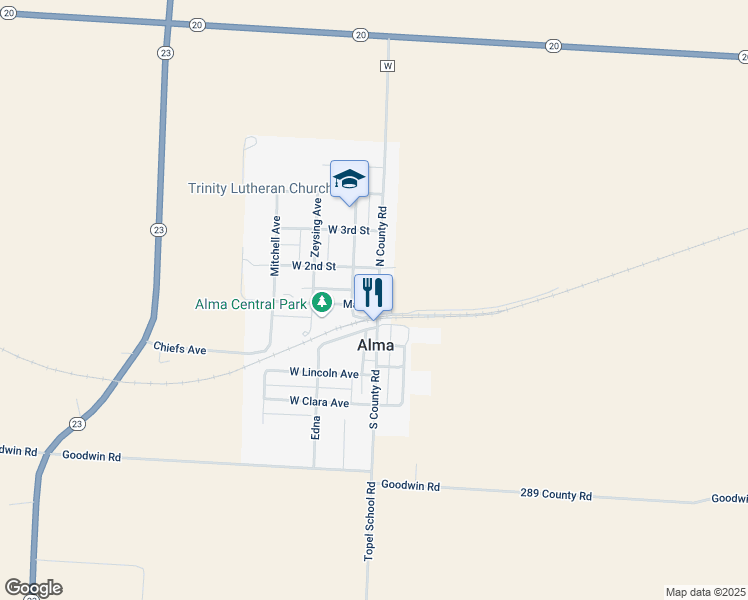 map of restaurants, bars, coffee shops, grocery stores, and more near 106 South County Road in Alma