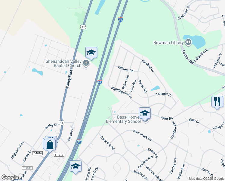 map of restaurants, bars, coffee shops, grocery stores, and more near 155 Nightingale Avenue in Stephens City