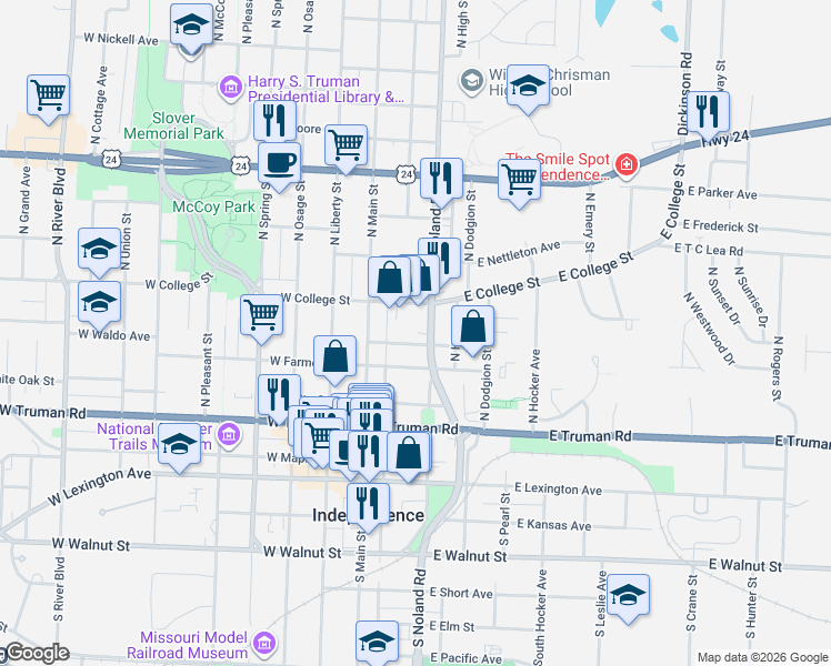 map of restaurants, bars, coffee shops, grocery stores, and more near 612 Parker Court in Independence