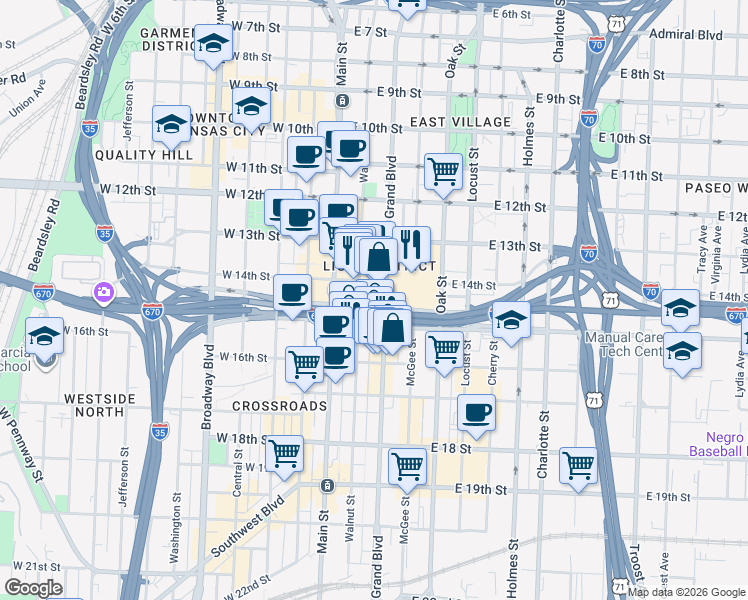 map of restaurants, bars, coffee shops, grocery stores, and more near 1444 Grand Boulevard in Kansas City