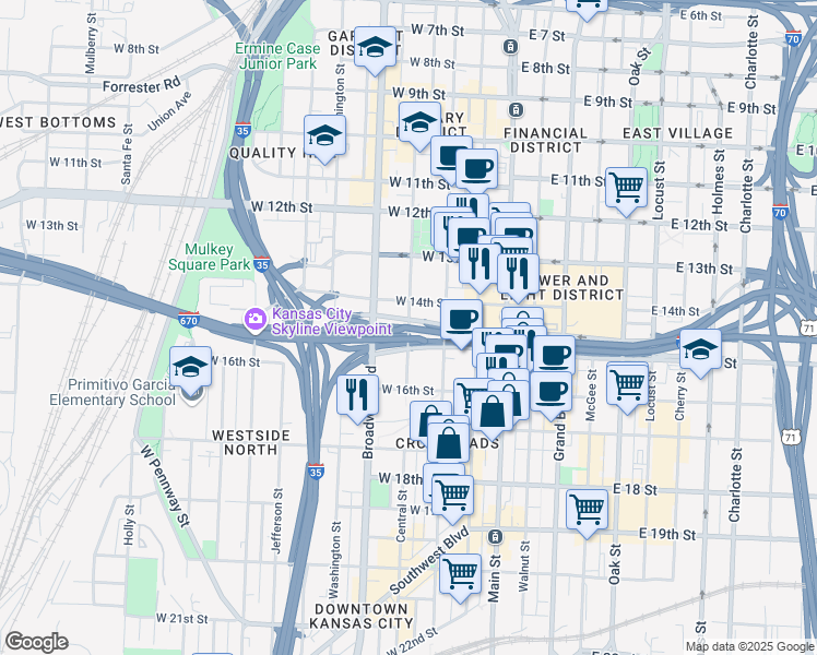 map of restaurants, bars, coffee shops, grocery stores, and more near Central Street in Kansas City