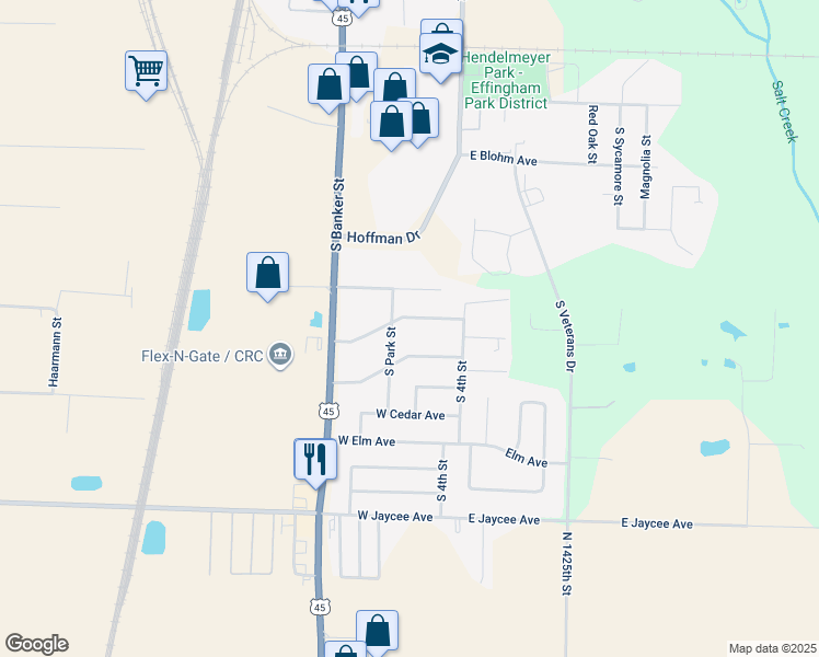 map of restaurants, bars, coffee shops, grocery stores, and more near 201 West Hawthorne Drive in Effingham