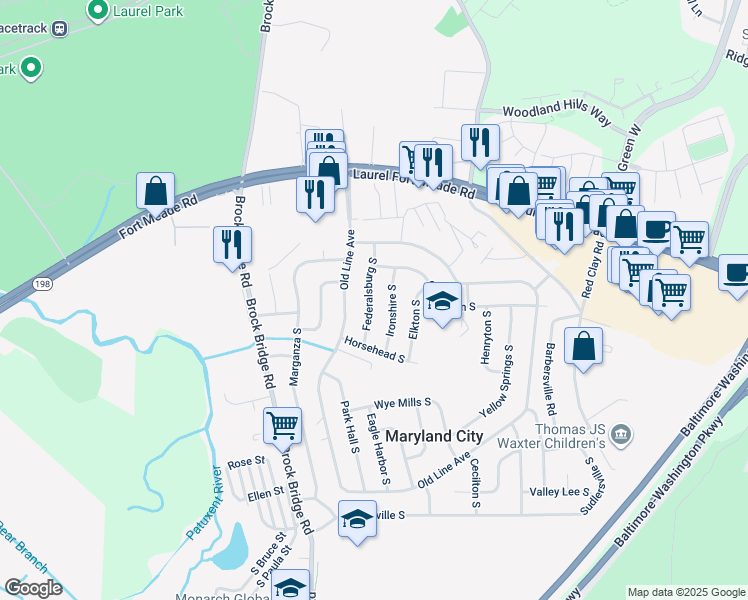 map of restaurants, bars, coffee shops, grocery stores, and more near 241 Federalsburg South in Laurel