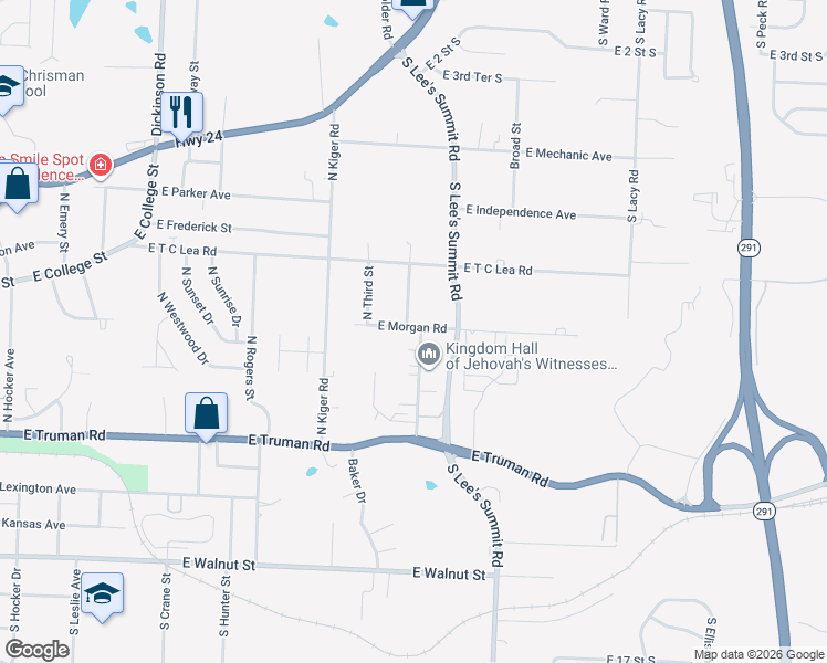 map of restaurants, bars, coffee shops, grocery stores, and more near 600 North Frandsen Road in Independence