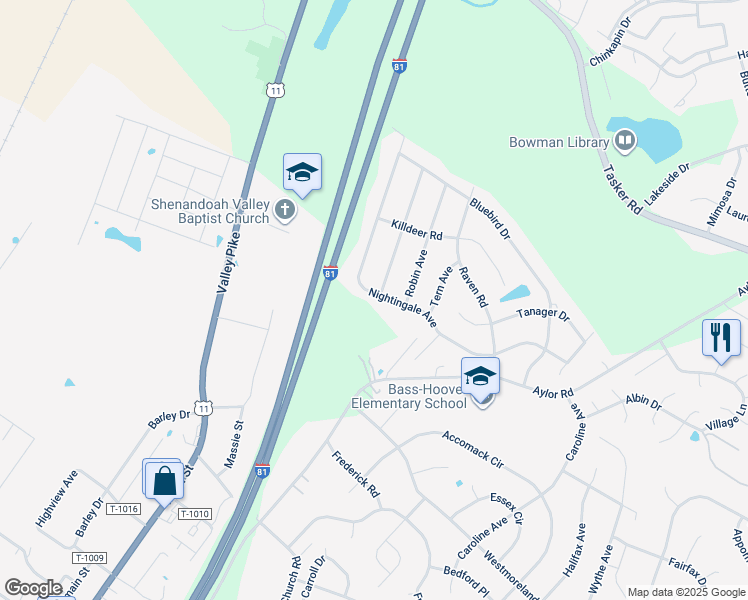 map of restaurants, bars, coffee shops, grocery stores, and more near 155 Nightingale Avenue in Stephens City